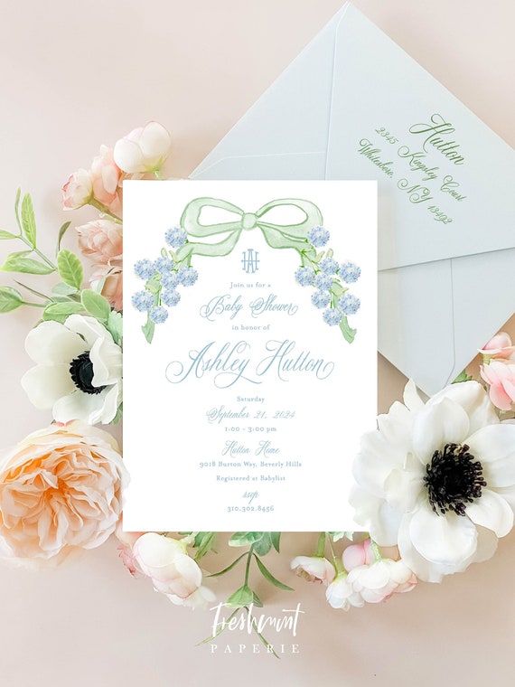 Monogram invitation, Baby Shower Invitation, Baby Boy Shower Invitations, Watercolor Green Bow invitation, Blue Hydrangea, Watercolor Crest