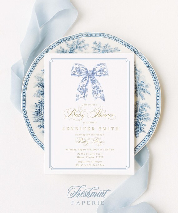 Toile Baby Shower Invitation, Watercolor Blue Bow, Chinoiserie