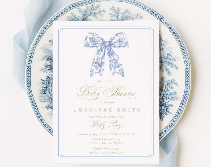 Toile Baby Shower Invitation, Watercolor Blue Bow, Chinoiserie