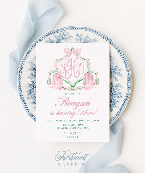 Preppy Pink Golf Birthday Invitation: Gingham Monogram