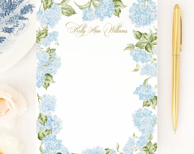 Hydrangea Floral Notepad, Watercolor Flowers, Custom Stationery (5x7)