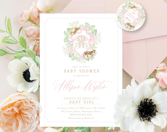 Western Baby Shower Invitation, Pink Floral Monogram