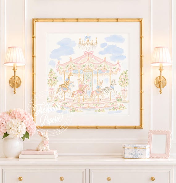 Nursery Wall Art, Bunny & Giraffe art, Carnival, Carousel, Grandmillennial, Chinoiserie
