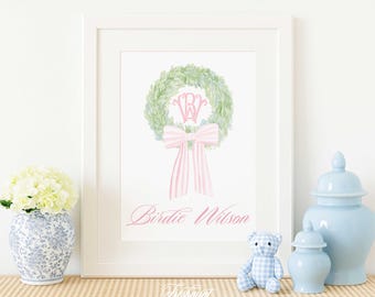 Personalized Baby Name Print, Pink Ribbon, Nursery Wall Art