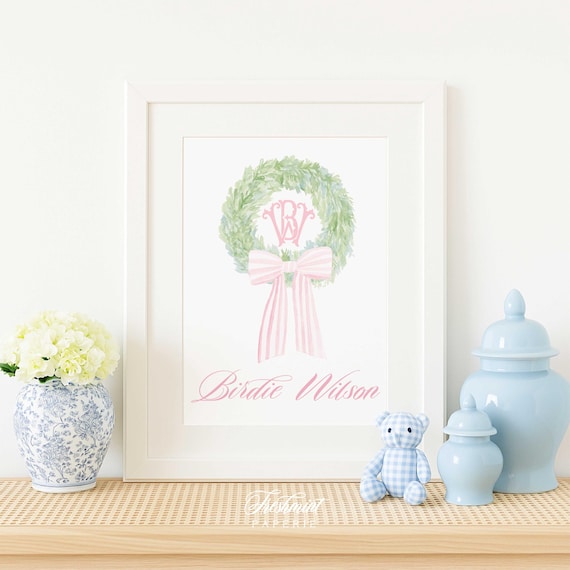 Baby Announcement, Pink Ribbon wall art, Baby name Announcement, Pink and white Ribbon, Monogram Wall Art, Newborn, Nursery wall art