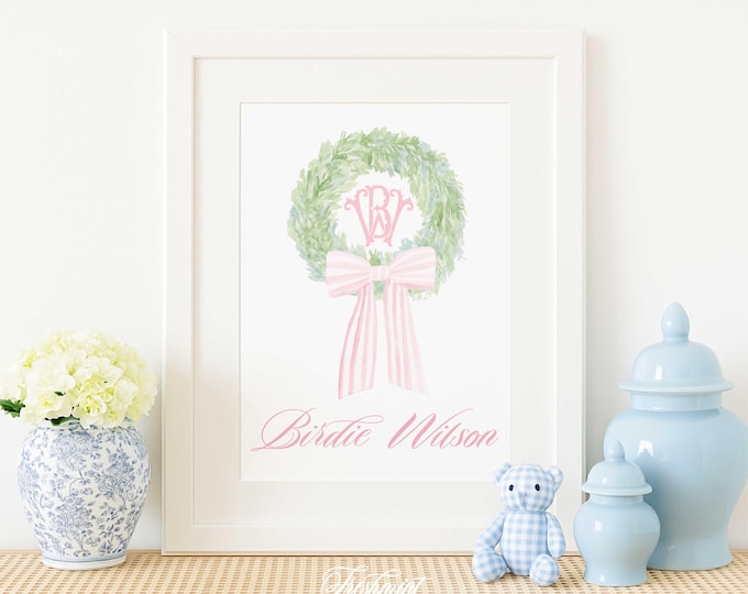 Personalized Baby Name Print, Pink Ribbon, Nursery Wall Art