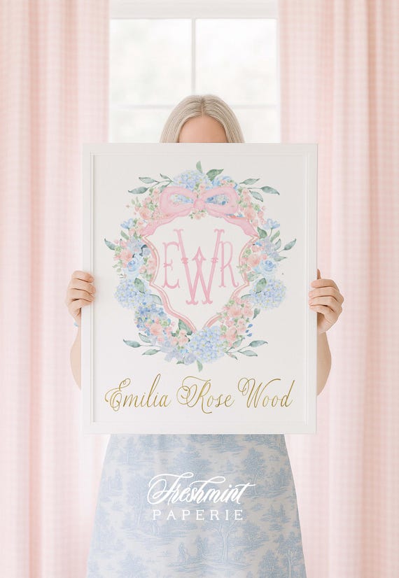 Watercolor monogram nursery Wall Art, Nursery name print, Monogram crest, Pink Monogram nursery wall art, Introducing Baby, welcome baby