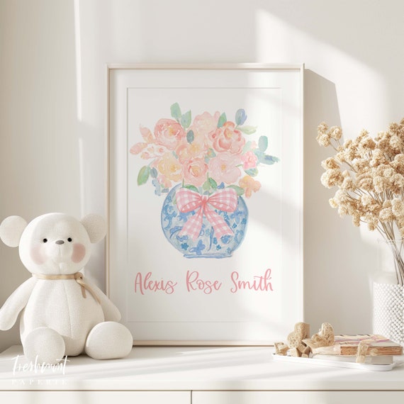 Ginger Jar Floral wall art, Nursery Wall Art, Nursery name print, Pink Ribbon Monogram Art, Custom nursery wall art, Floral Ginger Jar