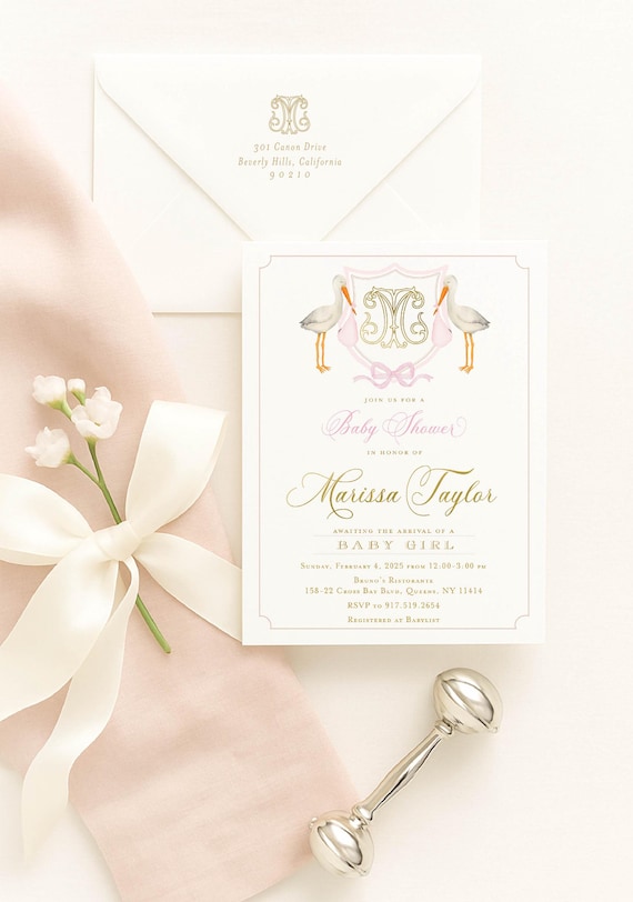 Watercolor Stork Invitations, Stork Invitation, Baby Shower Invitation, Baby Girl Shower, Pink Stork, Grandmillennial, Monogram, Crest