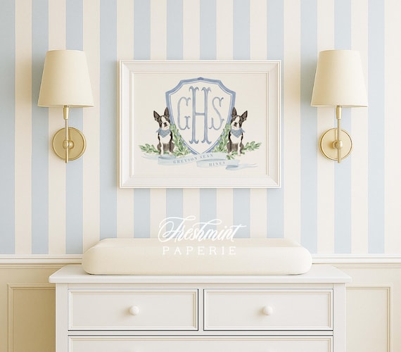 Boston Terrier Nursery Print: Custom Dog Wall Art, Monogram, Blue