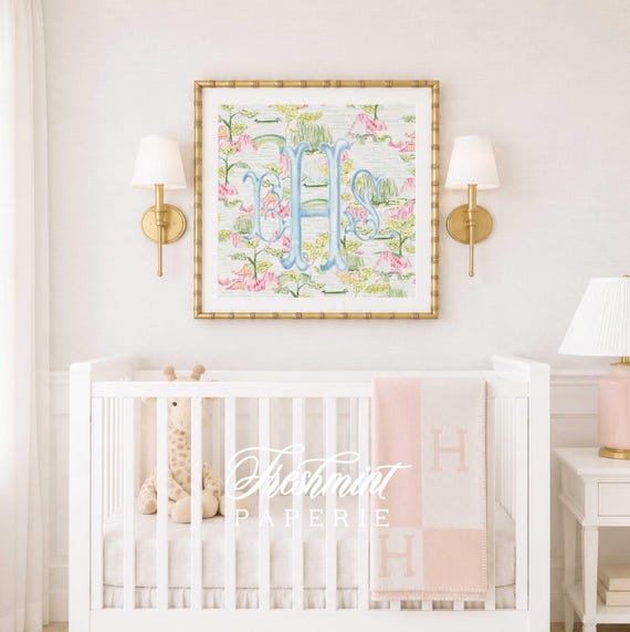 Monogram Wall Art, Chinoiserie, Mahjong, Grandmillennial, Watercolor