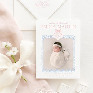 Pink Chinoiserie frame Birth Announcement, Baby Girl Birth Announcement, Birth Announcement, Monogram Birth Announcement, Welcome Baby