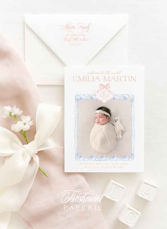 Pink Chinoiserie frame Birth Announcement, Baby Girl Birth Announcement, Birth Announcement, Monogram Birth Announcement, Welcome Baby