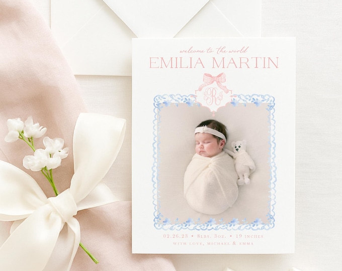 Pink Chinoiserie Baby Girl Birth Announcement: Monogram Card