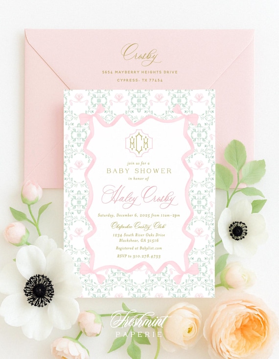 Monogram invitation, Baby Shower Invitation, Boy Girl Shower Invitations, Watercolor Pink Bow invitation, Pink Bow Frame