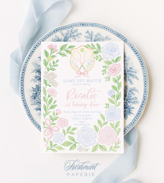 Watercolor Floral Tennis Birthday Invitation: Preppy Grandmillennial Party