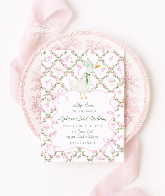 Silly Goose Birthday Invitation: Pink Bow, Butterfly, Floral, Grandmillennial, Whimsical