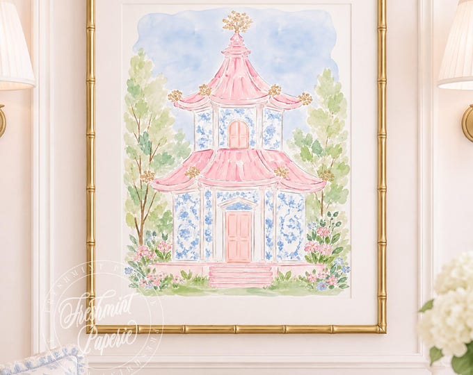 Chinoiserie Nursery wall art, Watercolor, Grandmillennial, Floral, Cherry Blossom, Ginger Jar, Pagoda