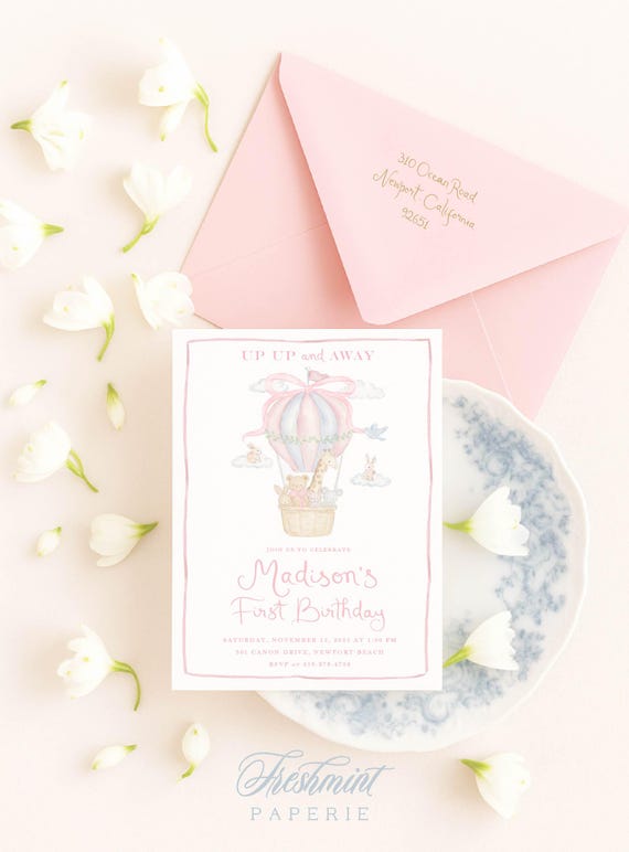 Hot Air Balloon Birthday Invitation, Up Up Away Birthday Invitation, Hot air balloon Invitation, Grandmillennial invitation, Pink Bows