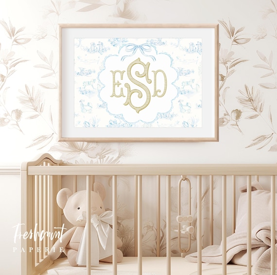 Nursery wall art, Monogram Nursery Wall Art, Nursery name print, Blue Toile Nursery Print, Custom nursery wall art, Blue Bow, Toile wall art