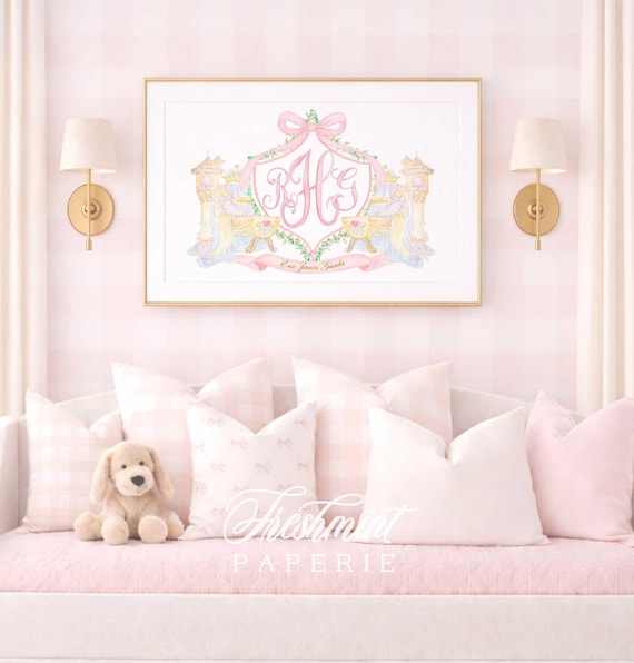 Princess Nursery Wall Art: Custom Name Monogram, Watercolor Castle