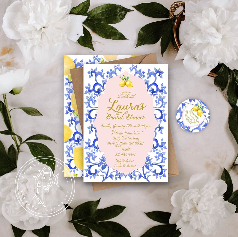 Lemons invitation Lemons invite Bridal Shower invitation freshmint paperie Porcelain lemon invitation Lemon invitation