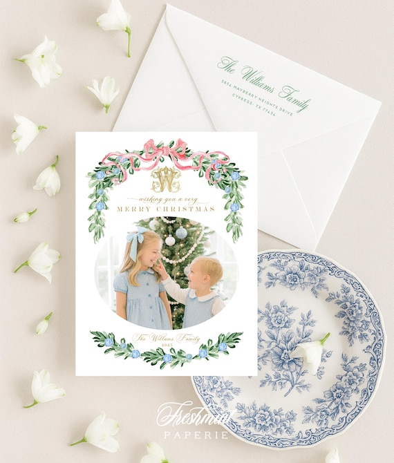 Blue Floral Photo Christmas Cards, Chinoiserie Holiday Card