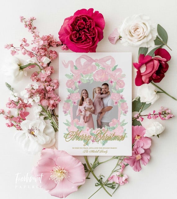 Watercolor Floral Photo Christmas Card, Pink Ribbon Holiday Card