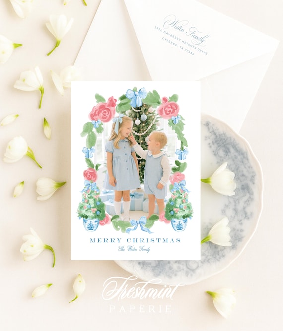 Blue Floral Photo Holiday Cards: Chinoiserie Ornaments, Blue Bow, Grandmillennial