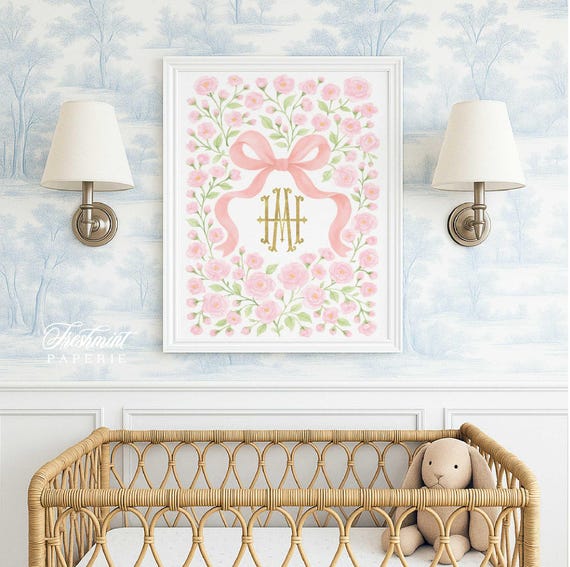 Watercolor monogram Floral nursery Wall Art, Nursery name print, Monogram Nursery, Custom nursery wall art, Pink Bow