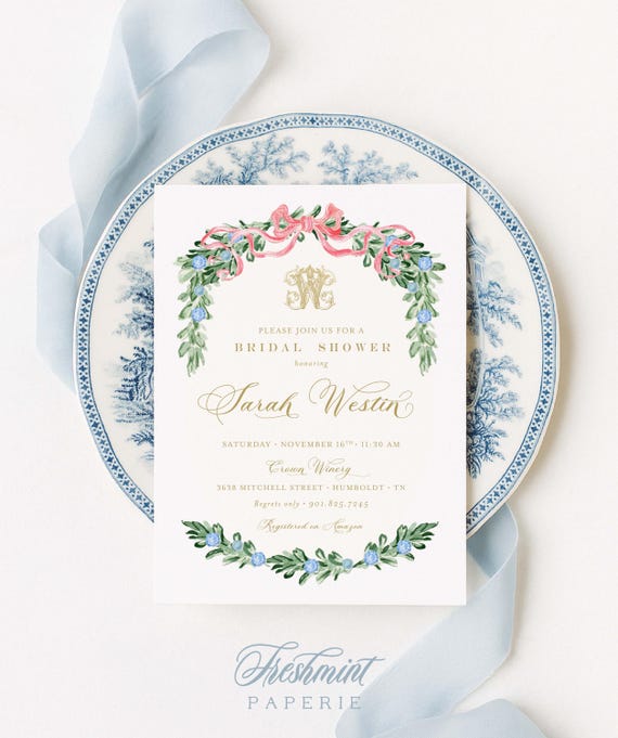 Toile Bridal Shower Invitation, Blue Floral Design
