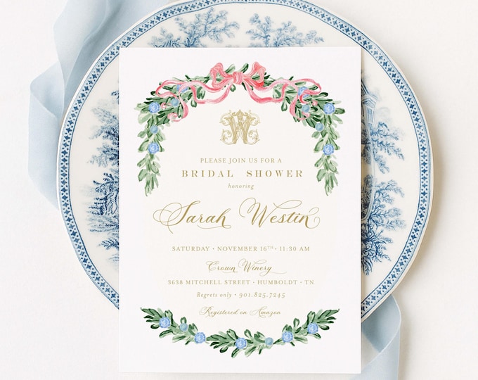 Toile Bridal Shower Invitation, Blue Floral Design