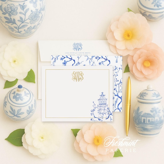Personalized Stationery - Monogram Note Cards - Monogram Stationery Note Cards - Stationery Suite - Chinoiserie - set4
