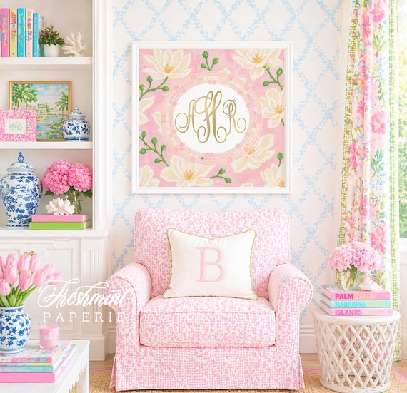 Monogram Wall Art, Magnolia Blossoms, Painting, Grandmillennial, Watercolor