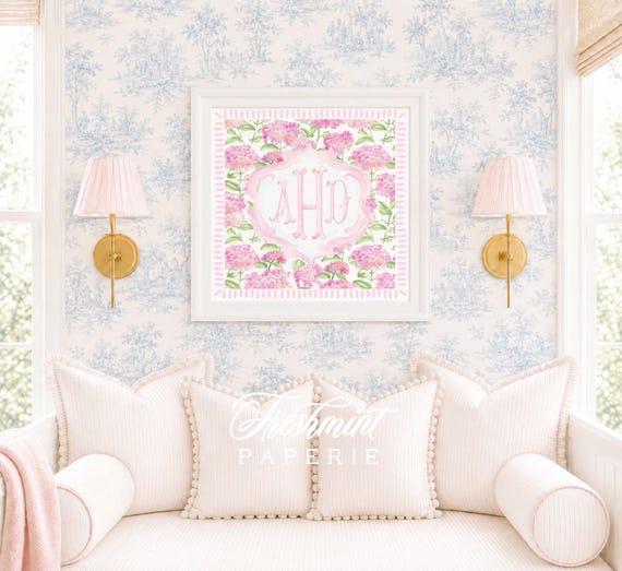 Monogram Wall Art, Monogram, Pink, Grandmillennial, Watercolor, Chinoiserie, Hydrangeas