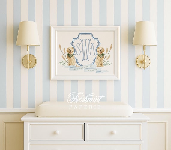 Golden Retriever, Golden Retriever Wall Art, Nursery Monogram Crest, Golden Retriever Art, Custom nursery wall art, Monogram crest