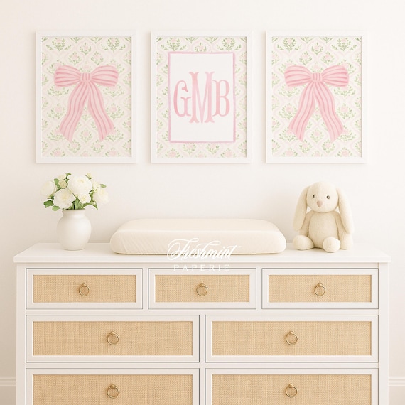 Watercolor monogram, Nursery Monogram, Pink floral, Nursery wall art, Whimsical floral nursery art, Ribbon, Baby Girl, Set of 3