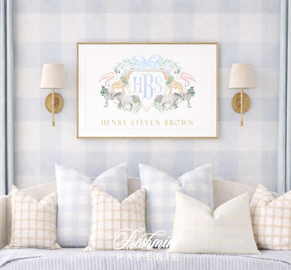Safari Wall art , Noah's Ark Animals, Monogram, Blue Bow, Nursery Print