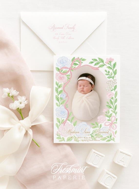 Watercolor Crest Floral Birth Announcement, Watercolor Baby Announcement, Birth Announcement, Monogram Birth Announcement, Welcome Baby