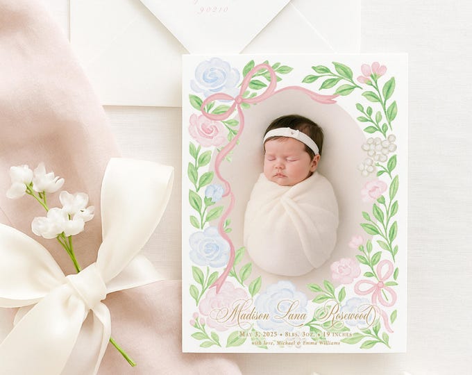Watercolor Floral Crest Birth Announcement: Monogrammed Baby Announcement