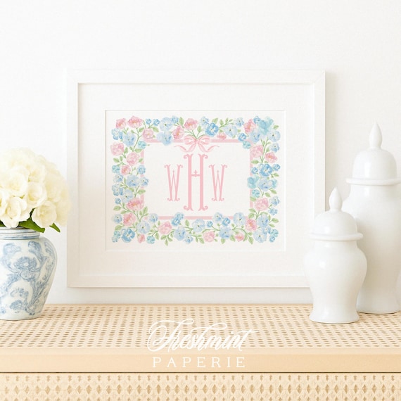Watercolor monogram, Nursery Monogram, Pink floral Monogram, Nursery wall art, Whimsical floral nursery art, Ribbon, Baby Girl