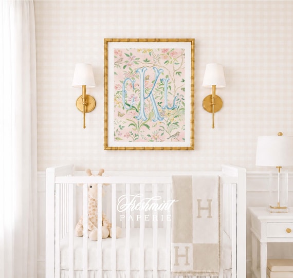 Watercolor Chinoiserie Monogram Nursery Art, Custom Wall Print, Cherry Blossom, Grandmillennial