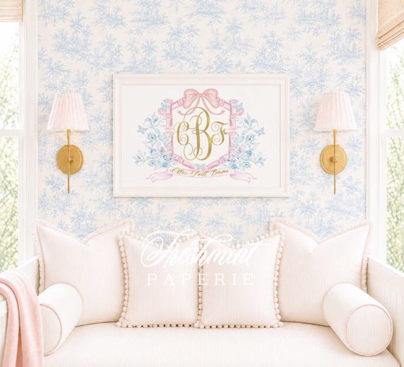 Monogram Nursery Print, Butterfly,  Floral, Baby Girl, Pink Bow, Watercolor Art