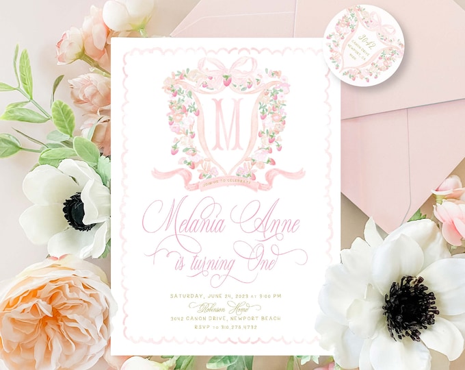 Strawberry Birthday Invitation, Pink Monogram Crest