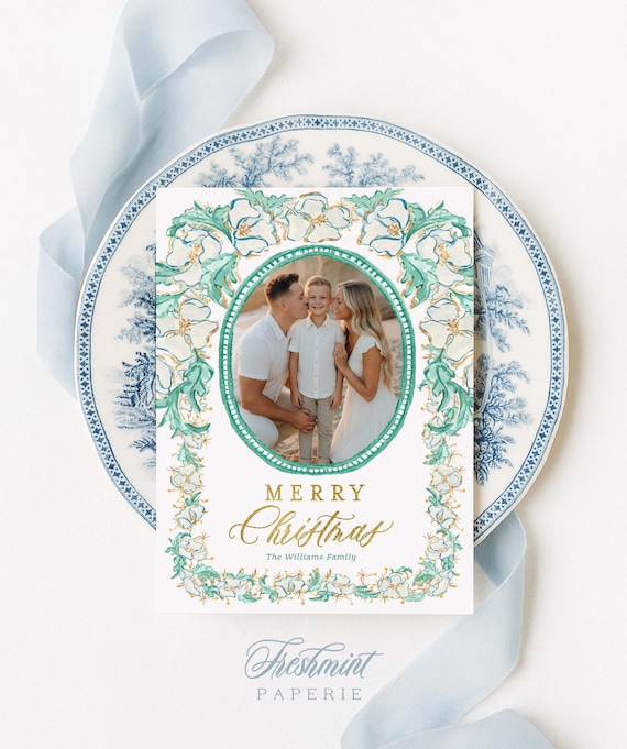 Magnolia Floral Christmas Photo Cards, Monogram Wreath