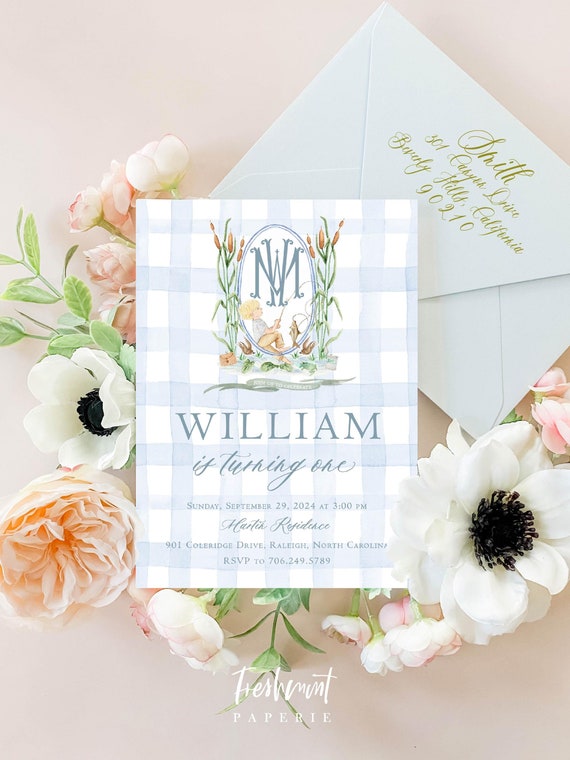 Fishing Invitation, Fishing Birthday Invitation, Boys invitation, Gingham Invitation, Monogram, Gingham Fishing, Classic Fishing Invitation