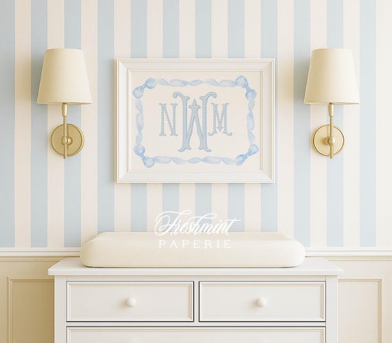 Nursery wall art, Monogram Nursery Wall Art, Nursery name print, Watercolor Blue Nursery Print, Custom nursery wall art, Blue Bow