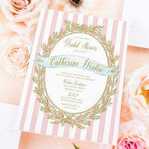 Pink invitation - bridal shower invitation - pink stripes invitation - calligraphy - mint stripes invitation - Pretty invitations