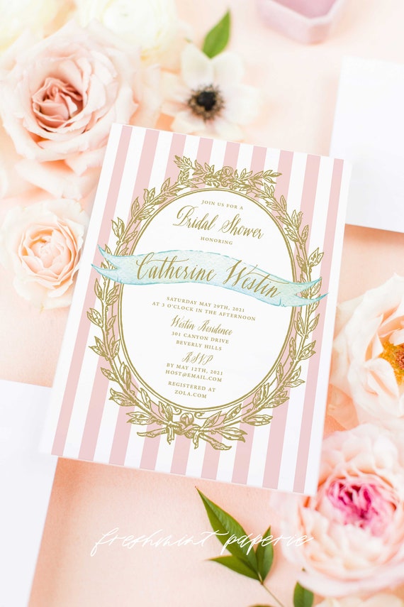 Pink invitation - bridal shower invitation - pink stripes invitation - calligraphy - mint stripes invitation - Pretty invitations