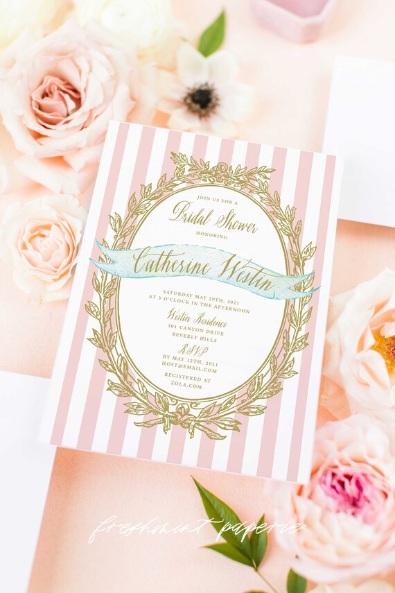 Pink invitation - bridal shower invitation - pink stripes invitation - calligraphy - mint stripes invitation - Pretty invitations